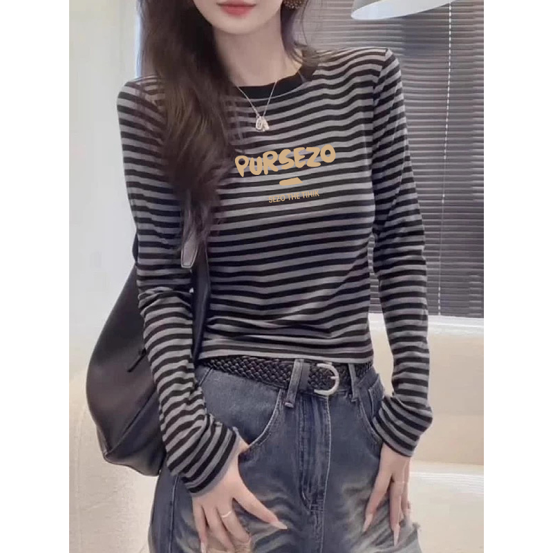 2025秋季大码胖MM条纹圆领长袖T恤女休闲修身内搭打底衫显瘦上衣