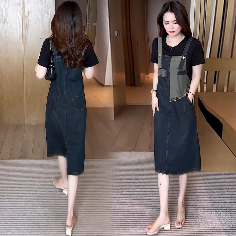 拉夏贝尔时尚休闲套装女2025夏季新款中长款毛边牛仔背带裙两件套