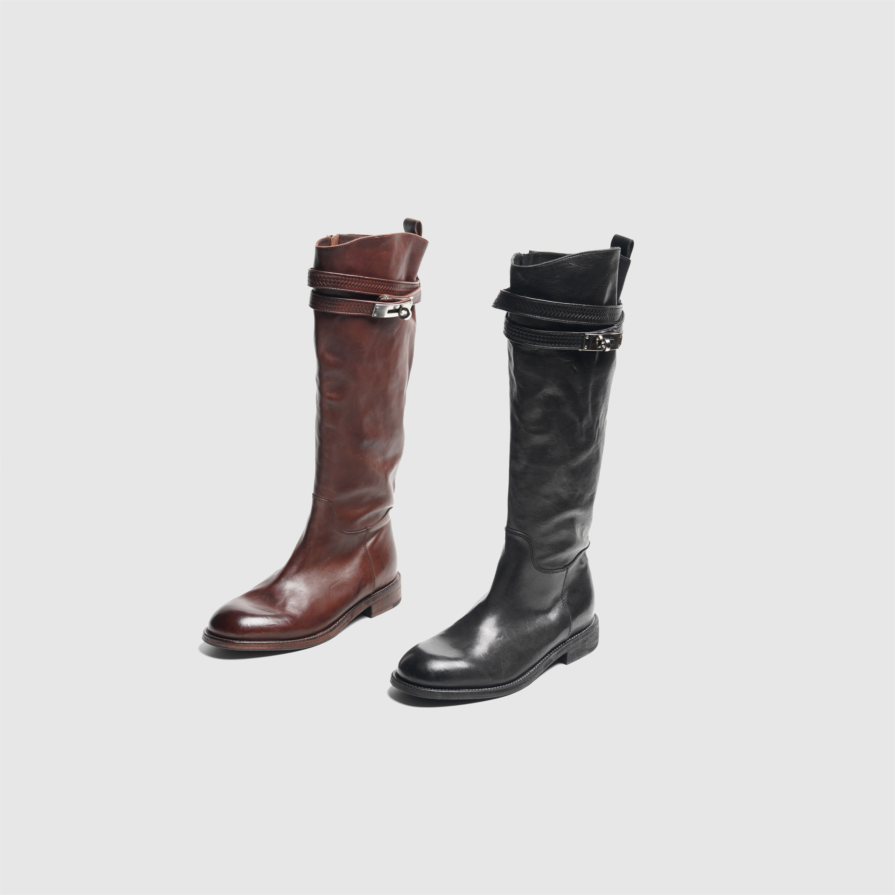 时尚意式重磅水洗马皮金属扣中古皮带扣骑士靴日常舒适软皮长靴女