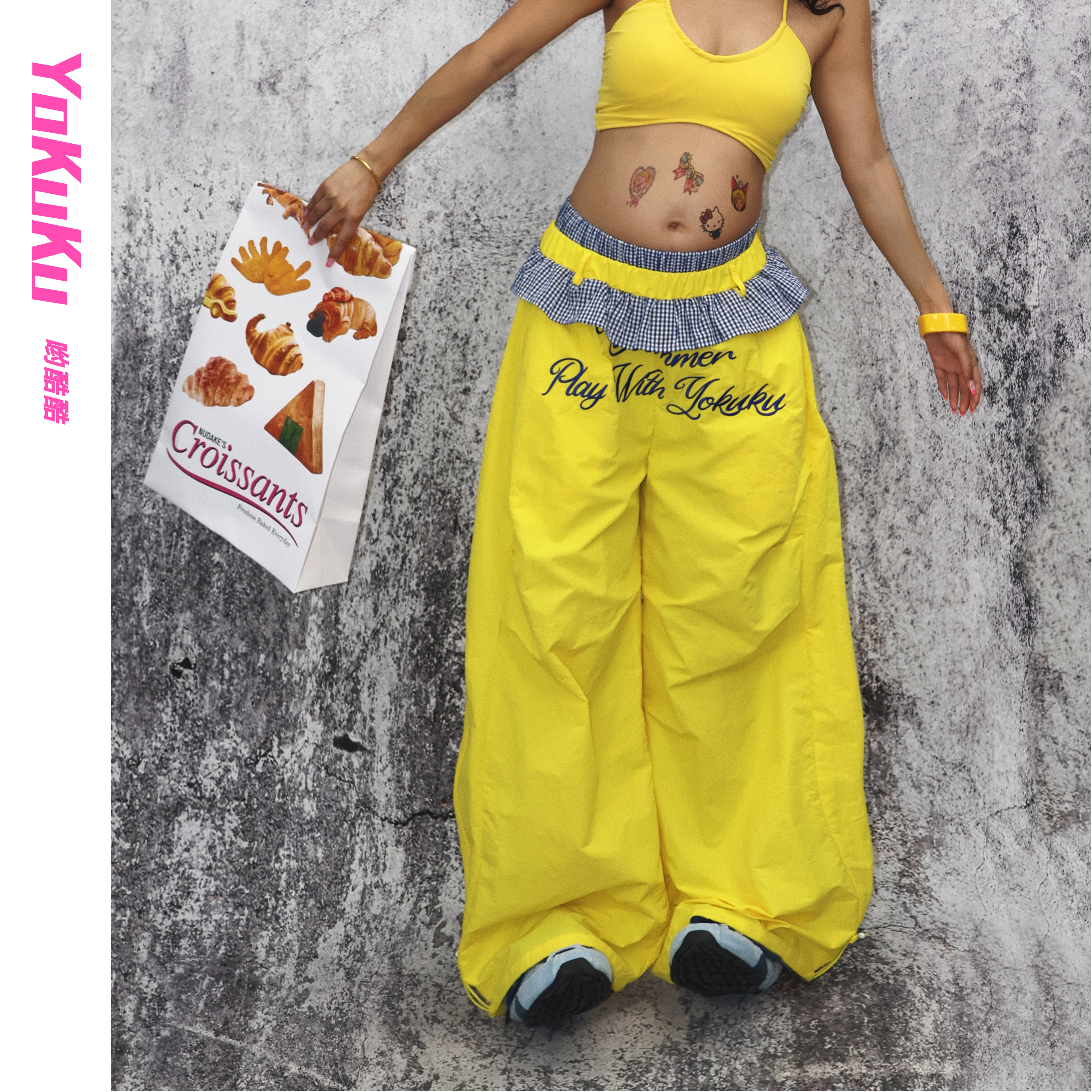 哟酷酷（享受世界）阔腿工装裤多巴胺冰感格纹拼接花边轻薄速干26