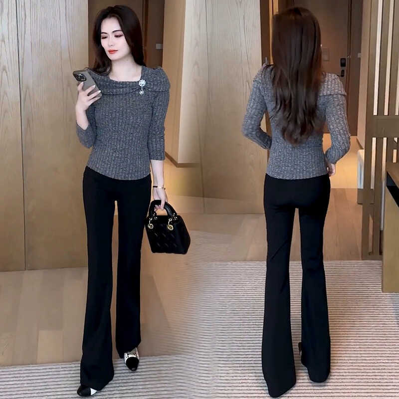 La babite时尚洋气套装女秋季新款长袖t恤微喇裤减龄显瘦两件套