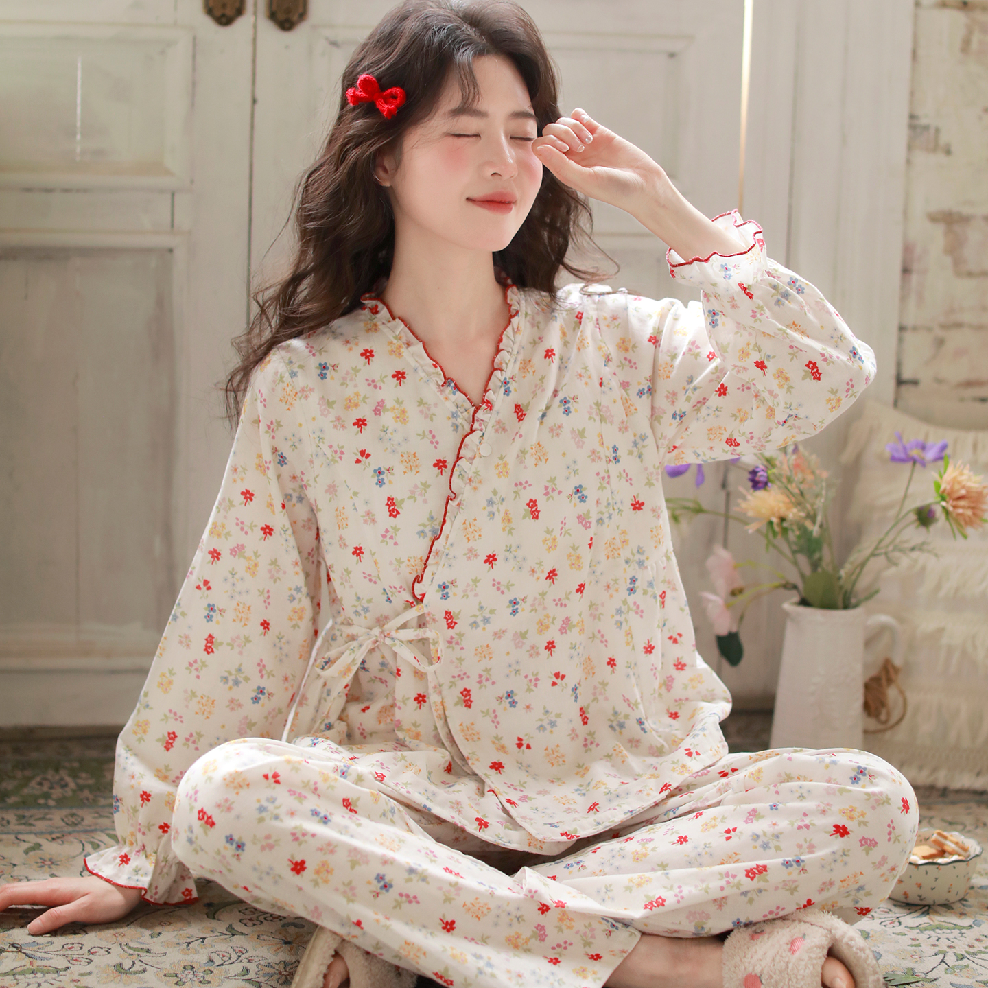 『彩色碎花』带胸垫富朵夏季月子服纯棉纱布孕妇睡衣产后哺乳家居服