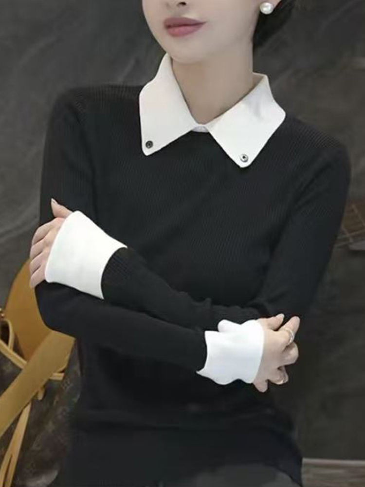 复古撞色翻领假两件针织衫女款2025秋冬新款宽松显瘦时尚洋气上衣