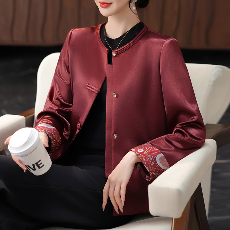 新中式妈妈春装桑蚕丝外套中老年女装春秋贵夫人国风唐装夹克上衣