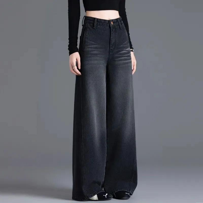 高腰阔腿牛仔裤女黑色秋冬新长裤高街复古女高个子加长垂感直筒裤
