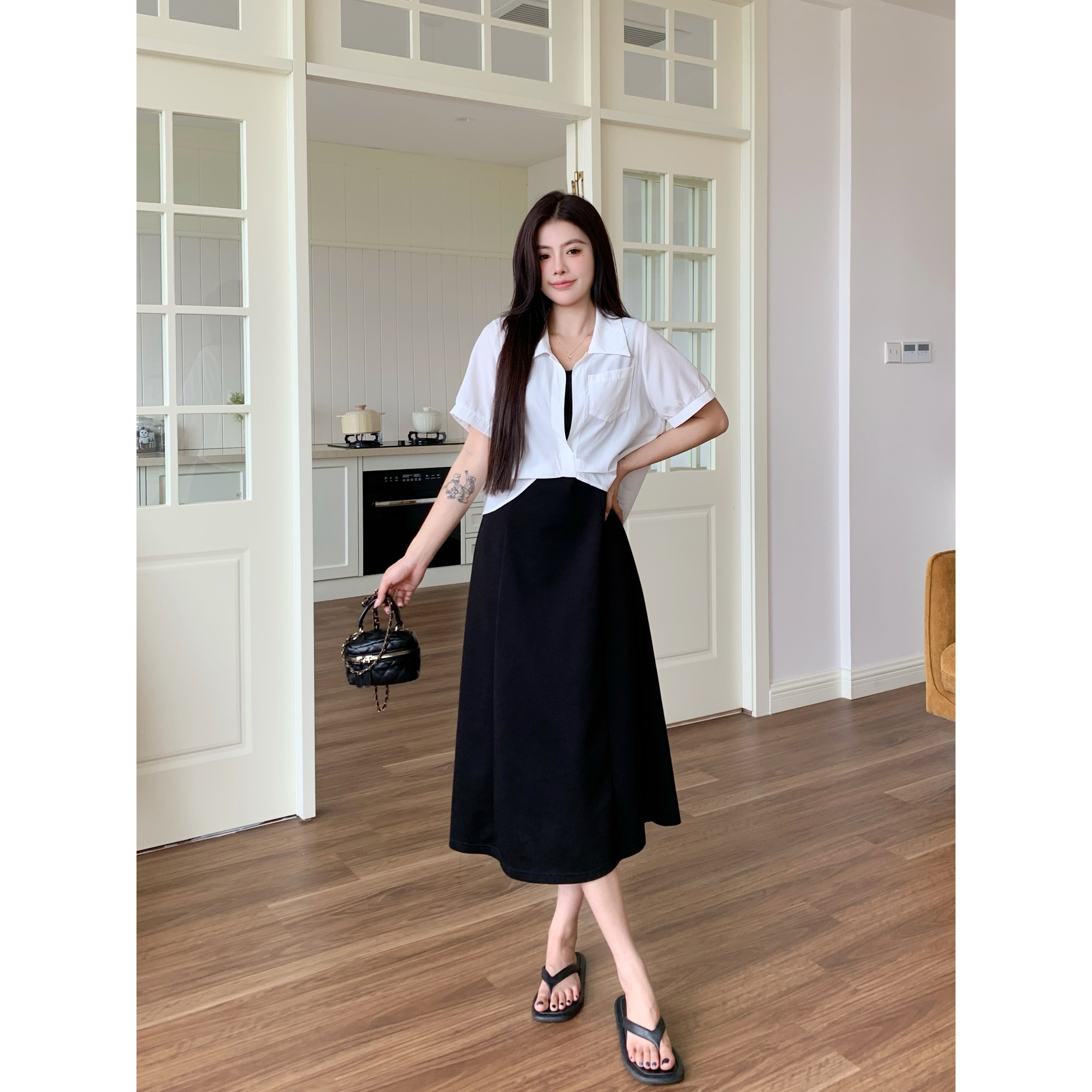 长2025夏装款胖mm大码扭结短袖衬衫内搭吊带裙两件套80088+63366