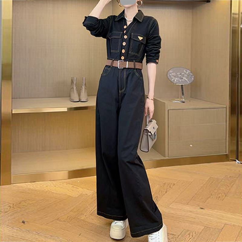 收腰黑色阔腿连体裤女2026春秋新款时尚复古高级感好看连衣裤长裤