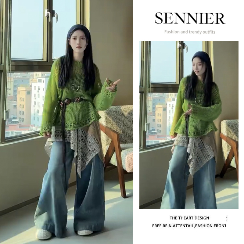 流行穿搭女装2025爆款慵懒宽松绿色针织长袖不规则屁帘短裙两件套