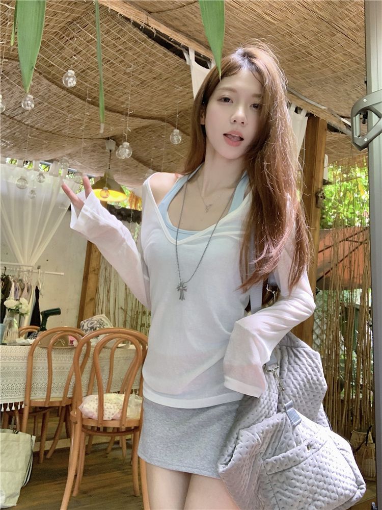 夏季休闲慵懒风t恤防晒衫女长袖薄款内搭吊带背心叠穿上衣两件套