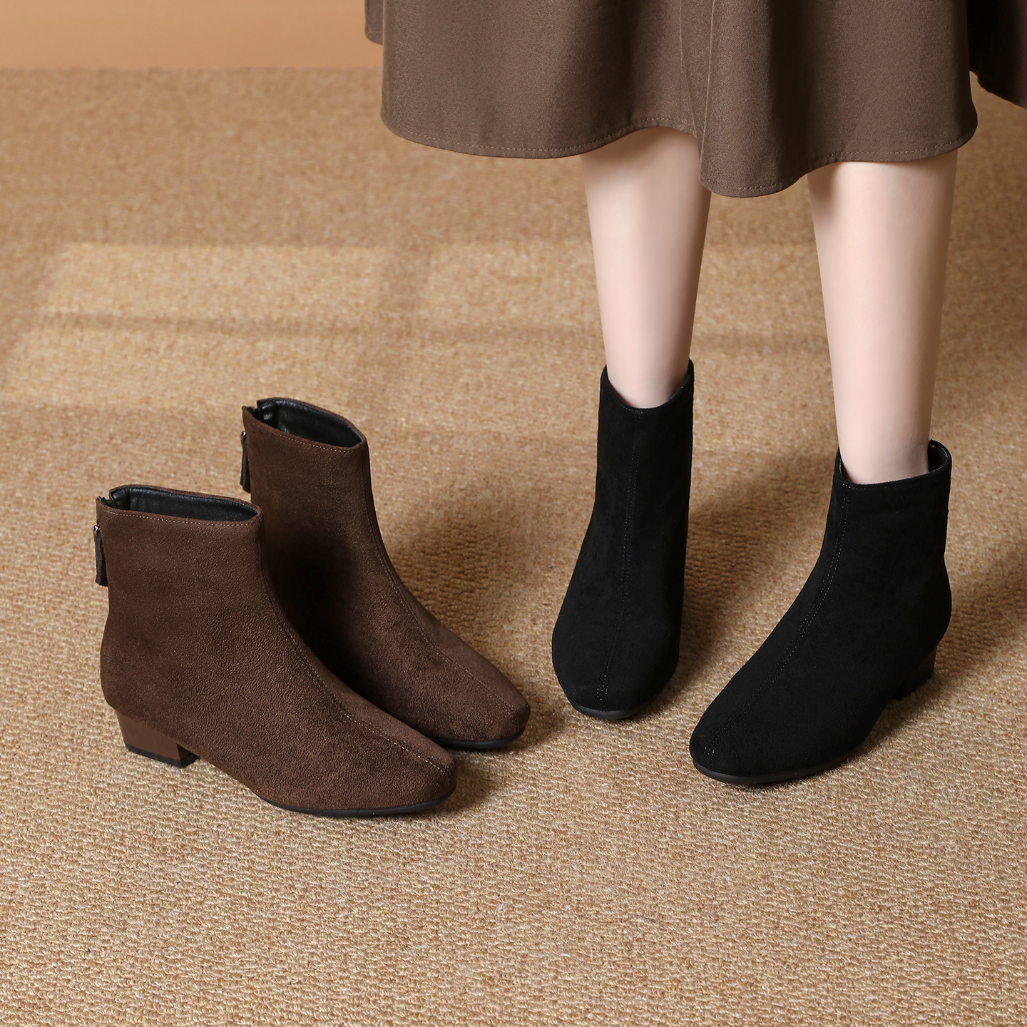 【品牌力荐】2026秋冬高级感真皮磨砂方头短靴女瘦瘦靴8180