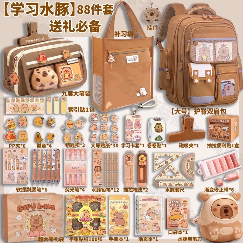 水豚卡皮巴拉书包护脊减负双肩包文具小学生3一6年级补习袋笔袋