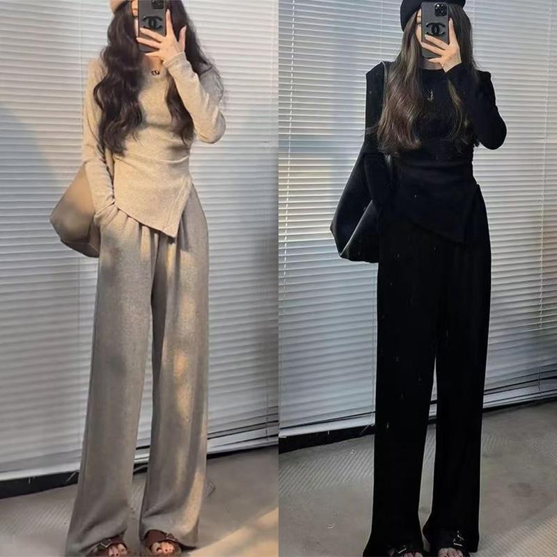 早秋女装高级感气质不规则上衣直筒宽松阔腿裤两件套休闲运动套装