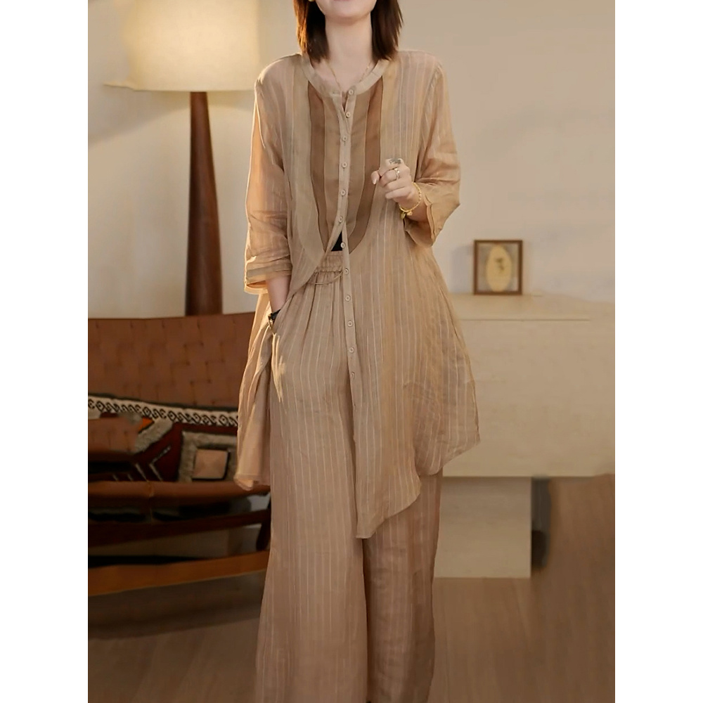 小众休闲文艺风条纹裤套装2025夏季新款显瘦中长款百搭衬衫+裤子