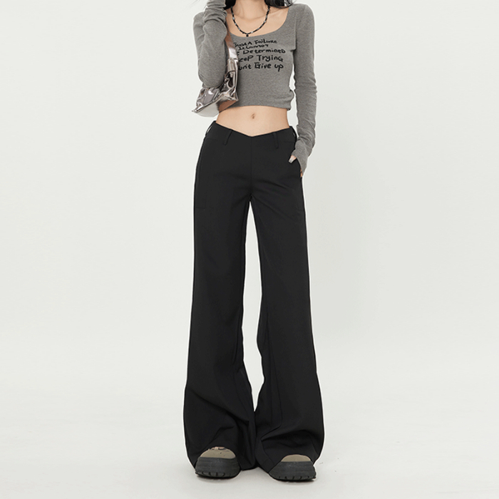 辣妹低腰垂感休闲裤女春黑色西装长裤复古宽松阔腿喇叭裤拖地裤子