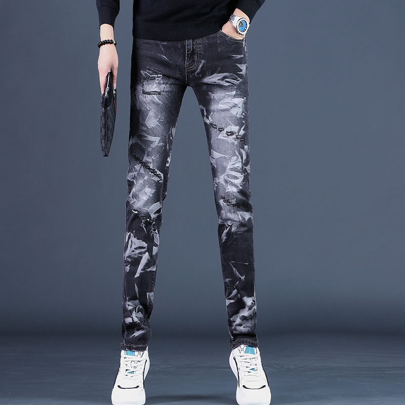 高端破洞补丁牛仔裤男款秋季2025年新款直筒修身黑色裤子潮流男士