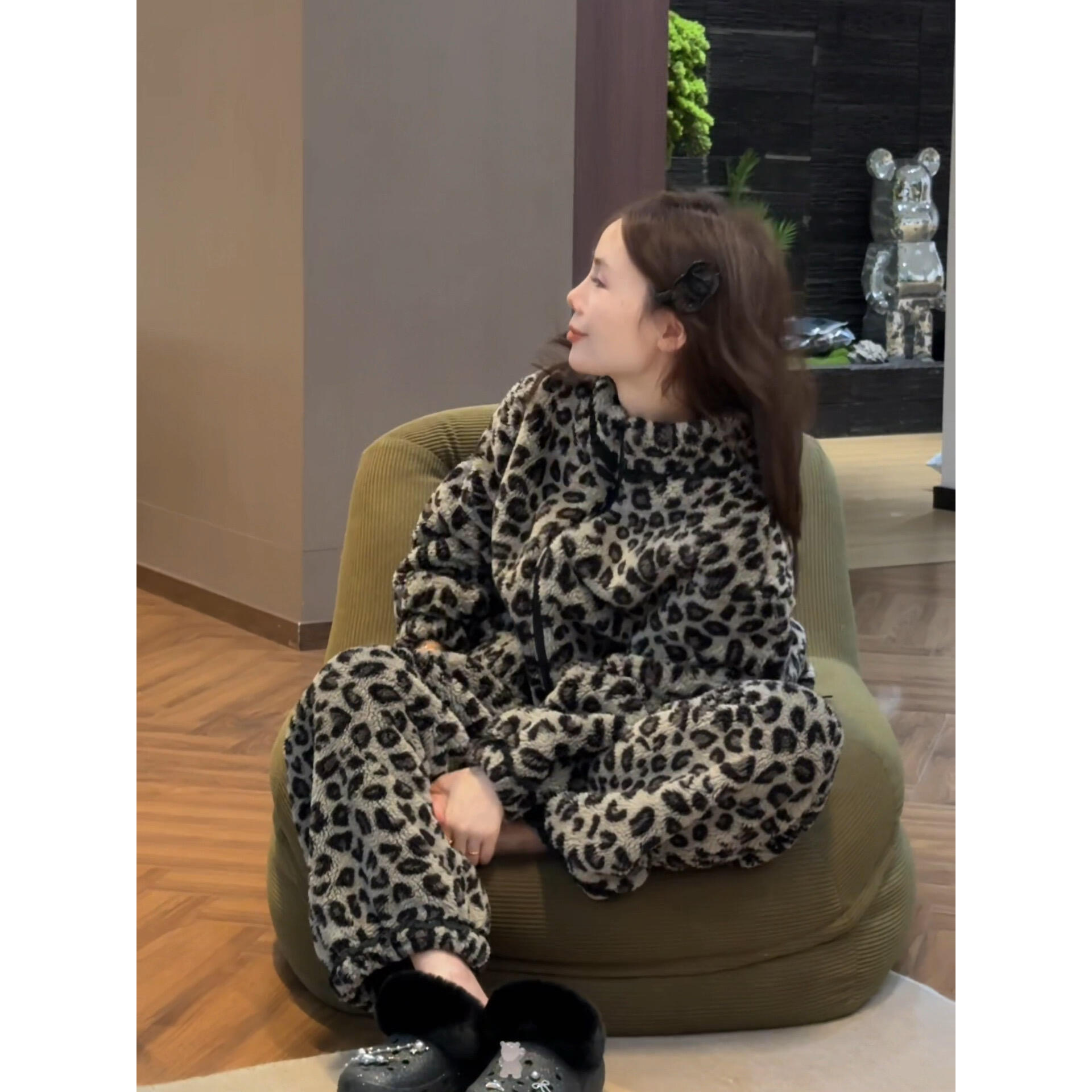 韩版珊瑚绒睡衣女秋冬季加厚黑灰长袖立领开衫外套保暖家居服套装