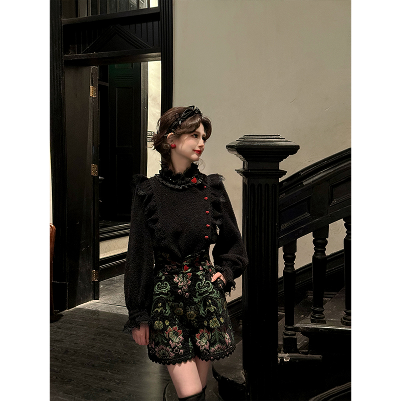 现货一生罗曼【黑色芭蕾】冬季加厚撞色爱心纽扣斜襟衬衫Y4635