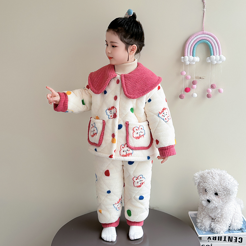 儿童睡衣女童冬季珊瑚绒三层加绒加厚小女孩宝宝法兰绒保暖家居服