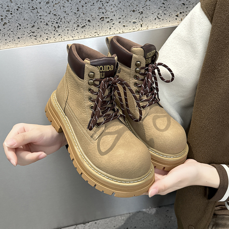 万达撤柜头层牛皮复古大头厚底马丁靴女2025秋季新款时尚休闲短靴