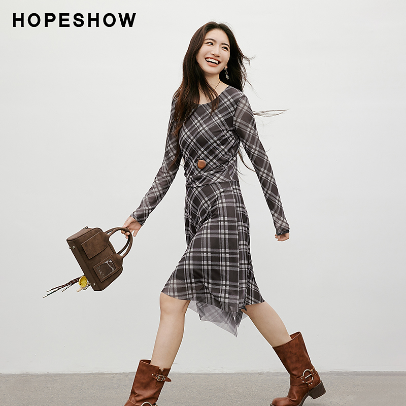 红袖2025秋季新款女装 格纹不对称捏褶长袖连衣裙90125281602