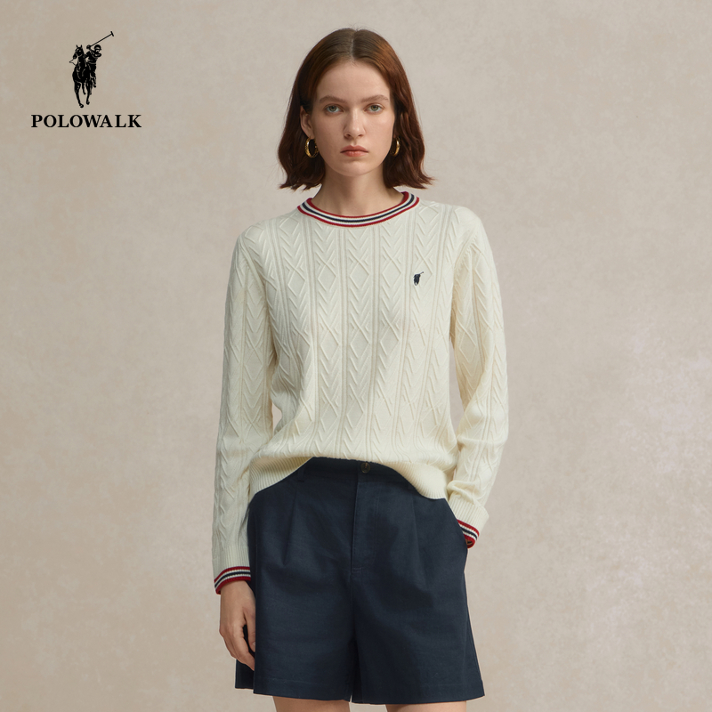 POLOWALK女装2025秋季新品女式长袖针织衫休闲港风提花女士T恤
