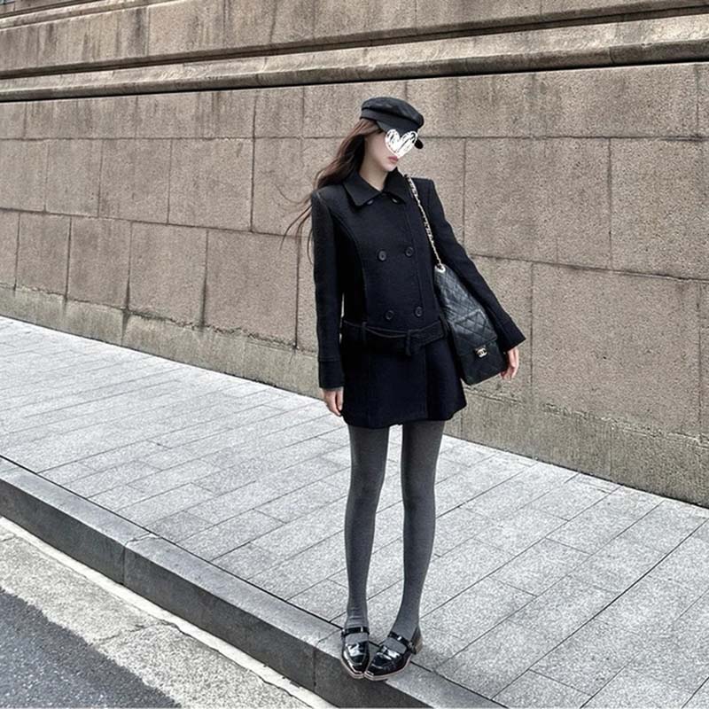 【有里布】黑色外套女春秋大衣双排扣翻领宽松复古外套D3897