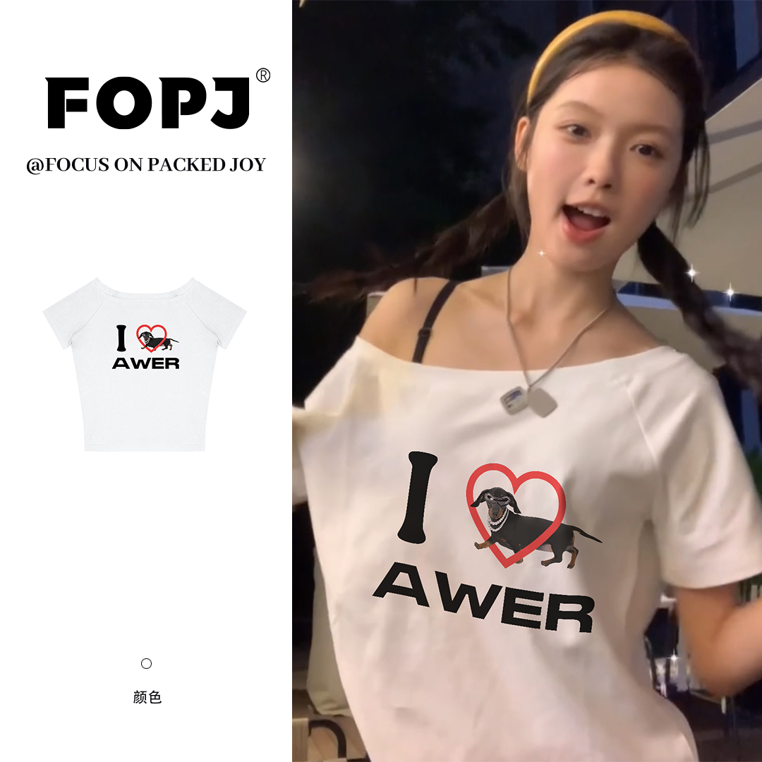 FOPJ美式时尚百搭设计感印花斜肩短袖女纯欲风宽松显瘦短袖上衣潮