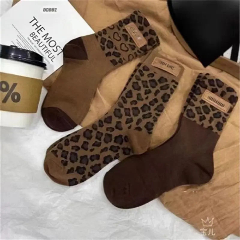 秋冬新款豹纹咖色潮款女中筒袜美拉德色系韩版时尚潮流百搭定标袜