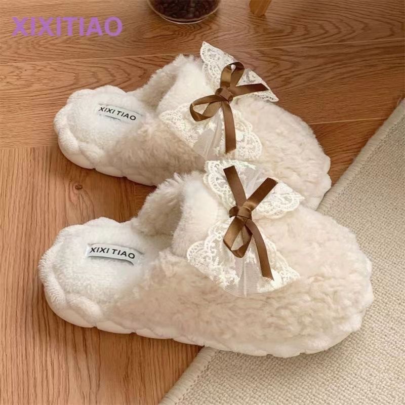冬季棉拖鞋女款学生版蝴蝶结厚底防滑保暖居家休闲百搭家庭拖鞋女