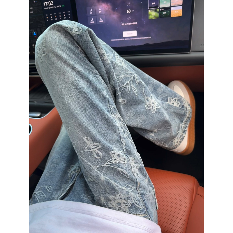浅蓝色提花刺绣牛仔裤男款秋季潮牌设计感直筒裤子小众修身微喇裤