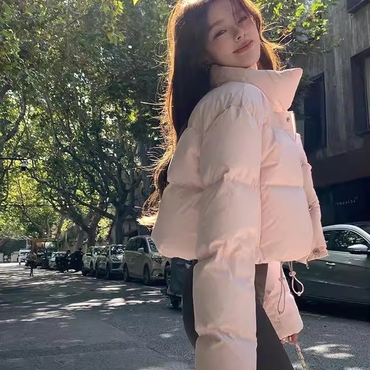 奶粉色短款棉服女秋冬立领时尚棉衣修身保暖加厚面包服外套潮