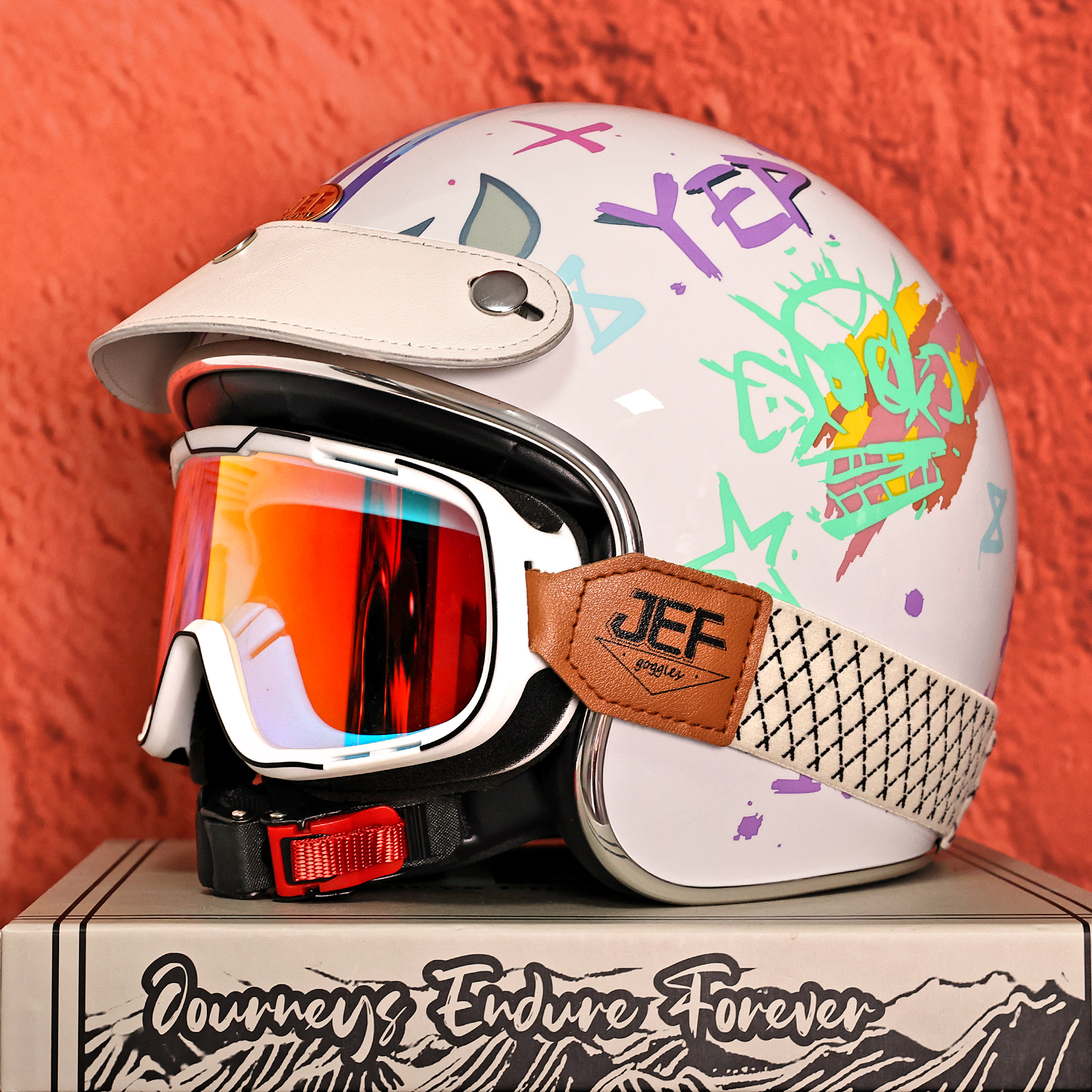 JEF白金克斯涂鸦复古男女四季通用摩托车3/4复古巡航踏板机车盔