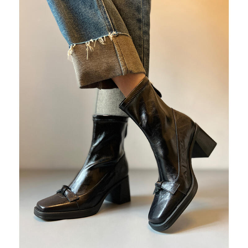 羊皮版~复古蝴蝶结高跟马丁靴女方头厚底气质粗跟短靴弹力瘦瘦靴