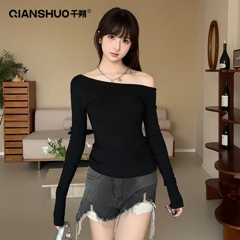 千朔初秋酷飒风女装高级感辣妹露肩打底衫褶皱收腰长袖显瘦上衣女