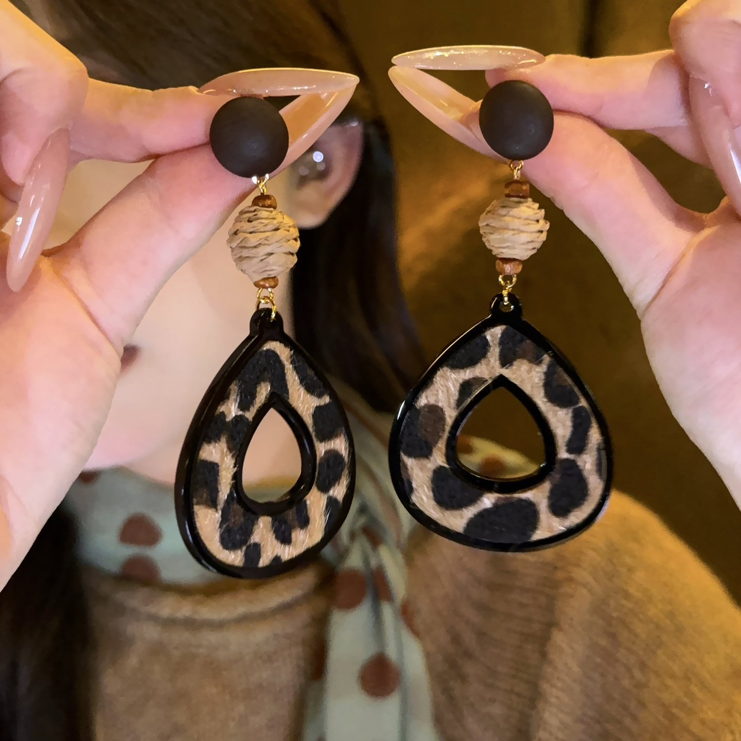 非金属木质耳饰 网红辣妹木制豹纹耳环小众个性设计感耳饰