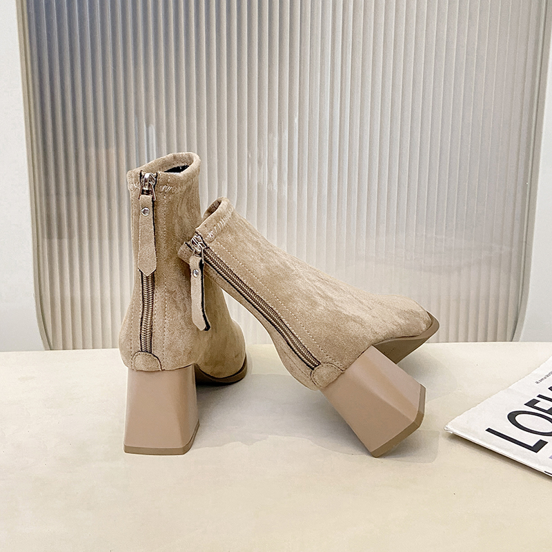 【秋冬上新】TYFA80秋季新款方头粗跟绒面秋冬百搭真皮爆款洋气短靴