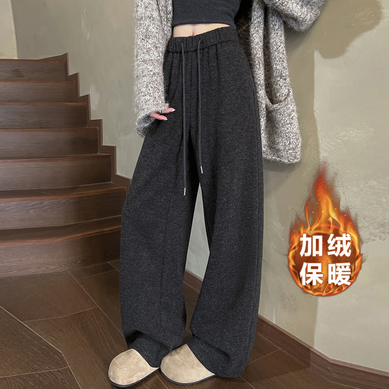 灰色加绒阔腿裤女冬季2025爆款羊毛呢卫裤高腰垂感休闲弯刀运动裤