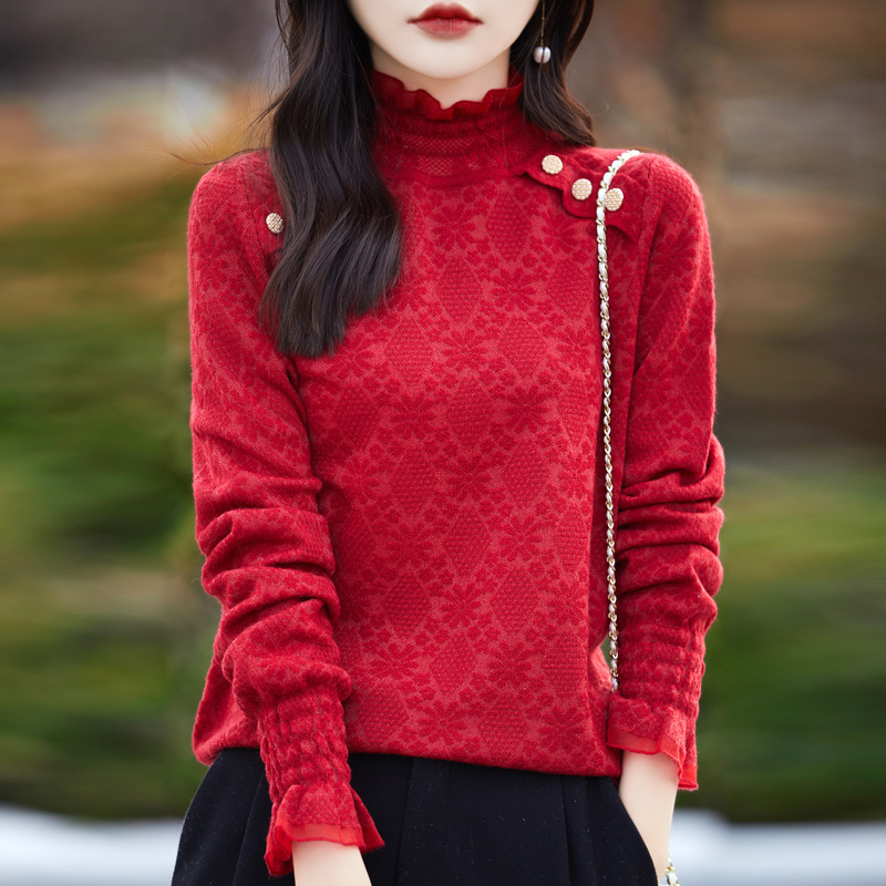 时尚品牌女装秋冬半高领木耳边金属扣长袖针织衫女洋气打底衫内搭