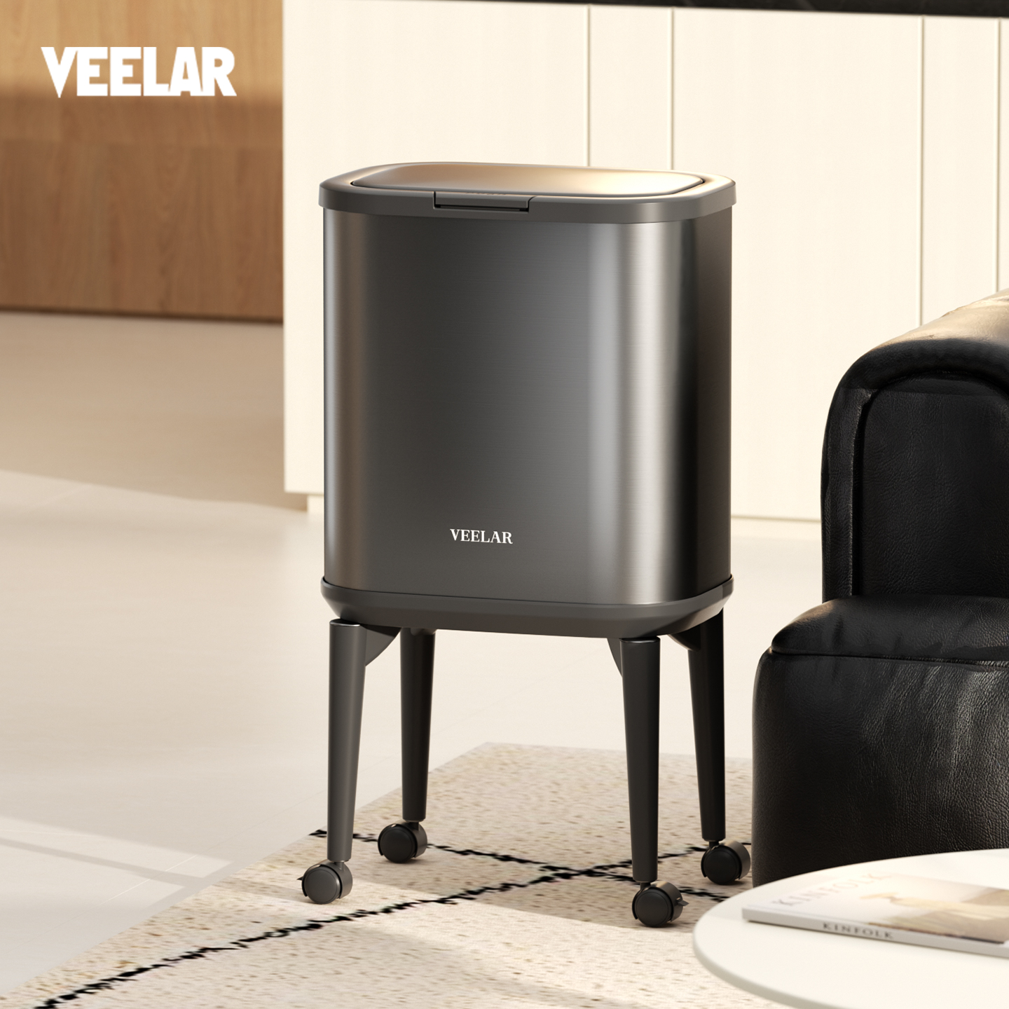 VEELAR厨免弯腰高脚厨房垃圾桶高颜值新款家用大容量带轮可移动