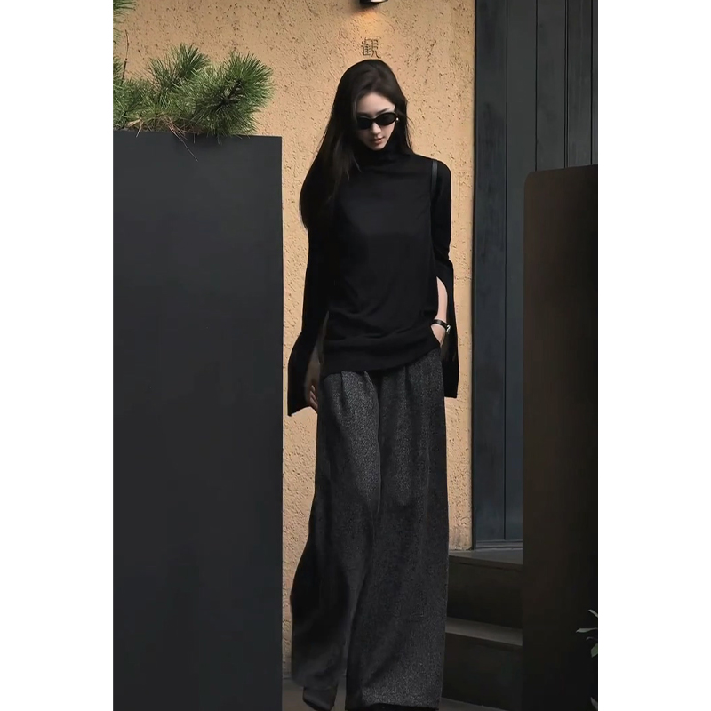 2025秋季新款女法式设计感高领长袖毛衣上衣气质高腰显瘦阔腿长裤