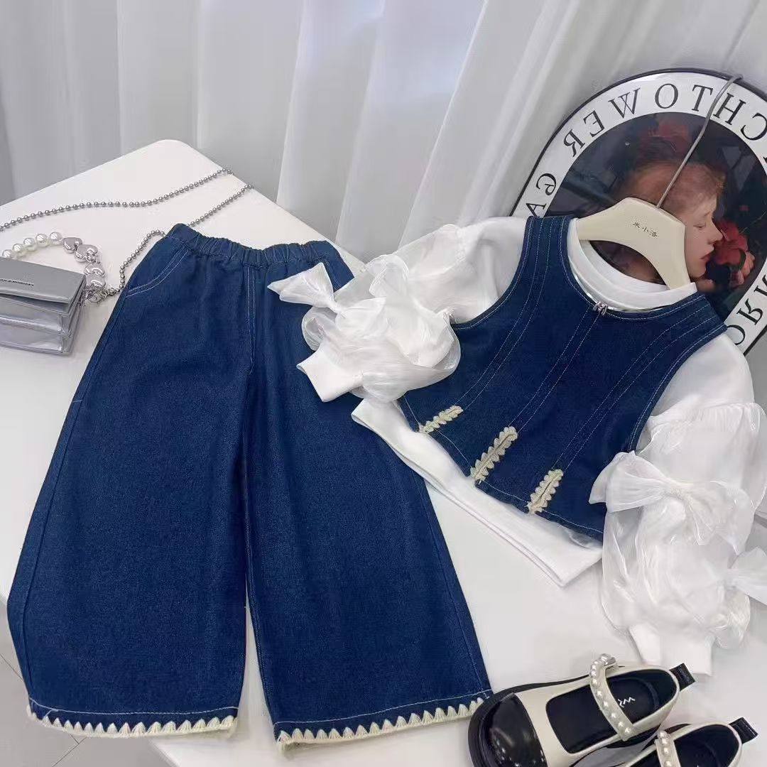 J春秋款女童时尚洋气休闲韩版儿童套装宽肩衣服牛仔三件套裤子Q78