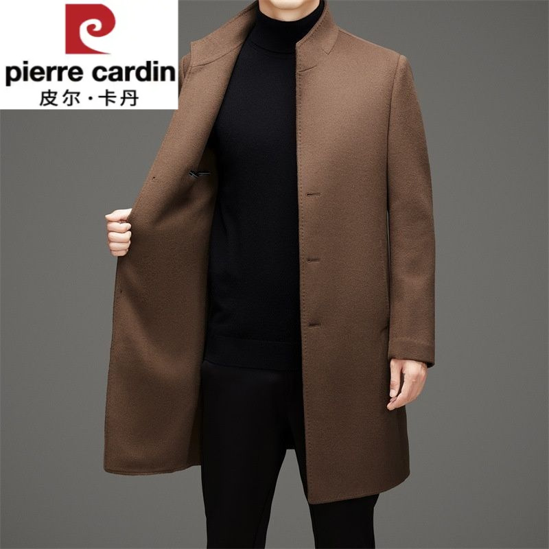 皮尔卡丹秋冬轻奢毛呢大衣男士立领加厚中长款外套男装修身