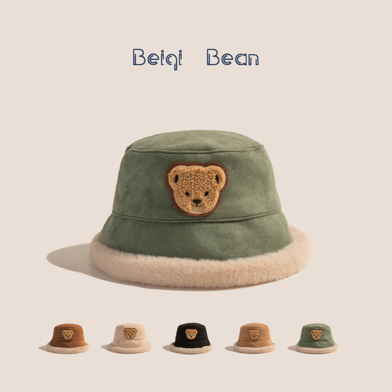 儿童帽子秋冬加绒保暖可爱卡通麂皮绒渔夫帽男女宝宝保暖毛绒盆帽