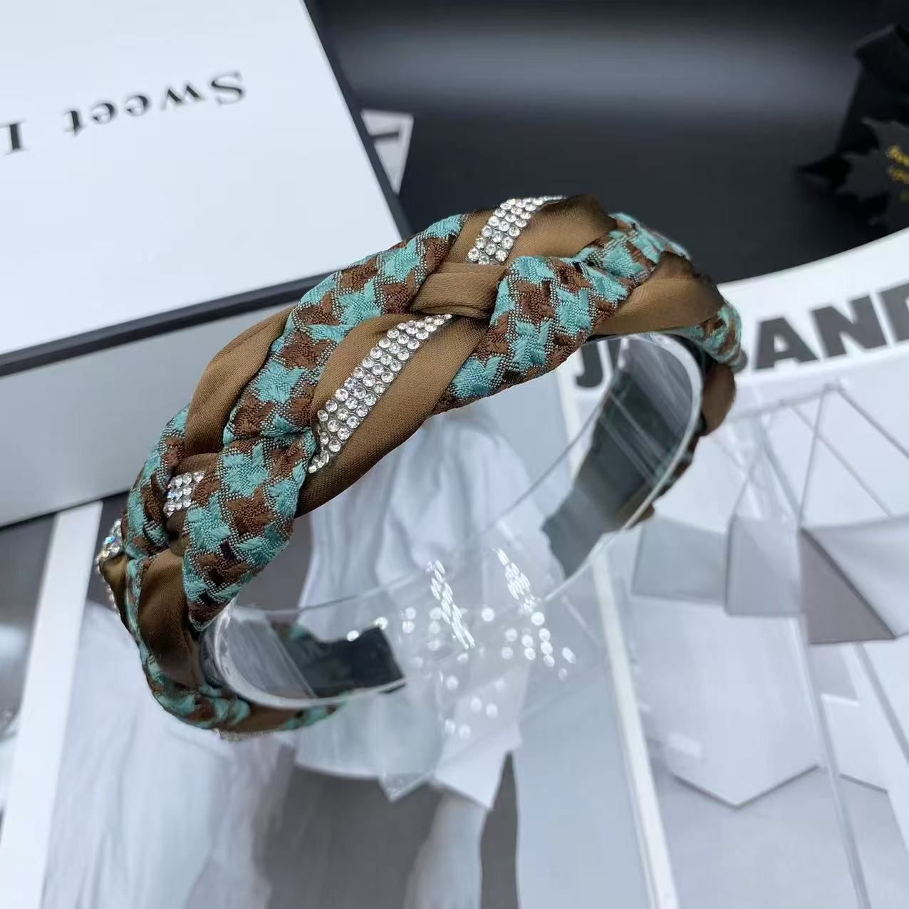 绿色千鸟格水钻百搭发箍显脸小麻花辫头箍带齿高颅顶洗脸发箍