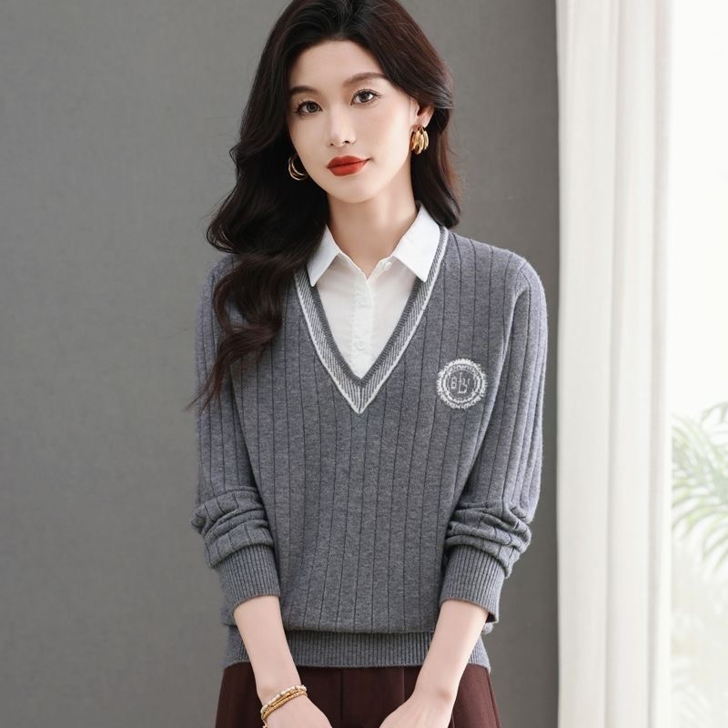 衬衫领假两件刺绣针织衫女毛衣套头秋季新款短款学院风上衣外穿