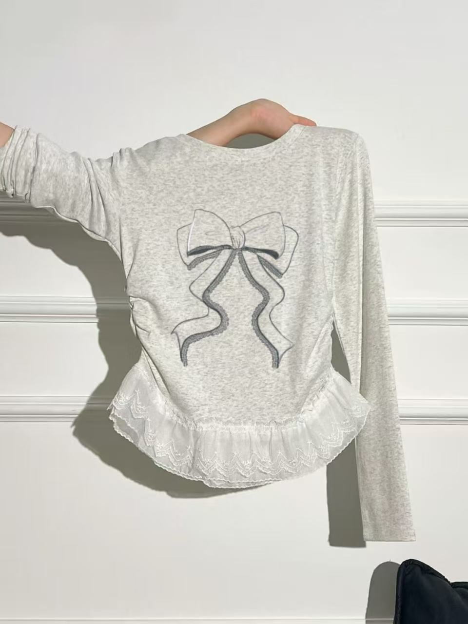 中大童女童蕾丝花边芭蕾风时尚蝴蝶结长袖T恤秋季新款修身版上衣