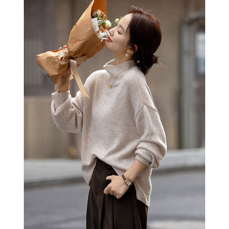 dme德·玛纳含松软绵羊毛冬季保暖高领线衫设计感开叉针织衫