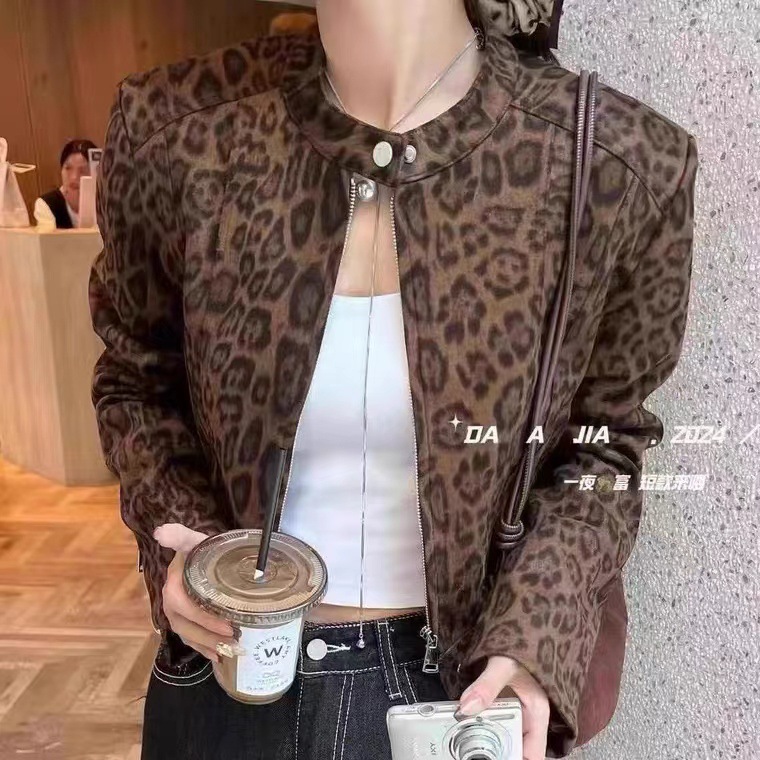 秋季新复古豹纹外套女短小个子百搭显瘦时尚个性夹克上衣外套休闲