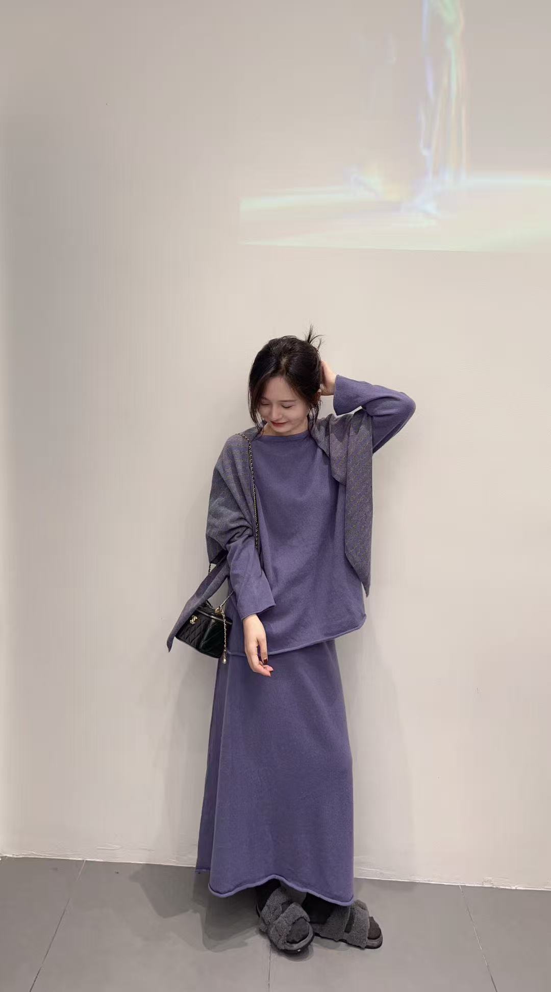 2025早秋新款韩系气质名媛小香风紫色显瘦针织衫半身裙披肩三件套