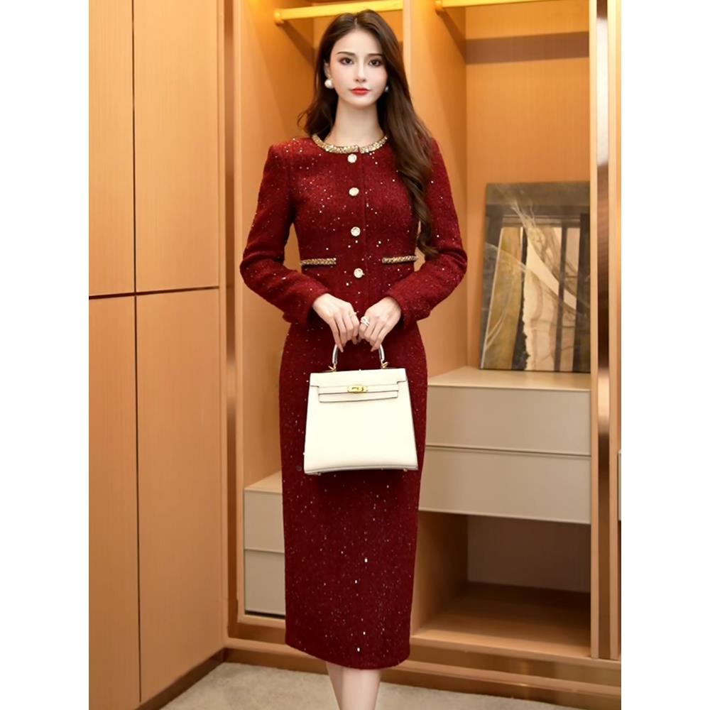 IZP 东方黛迪【惊鸿】喜妈妈喜婆婆礼服女新款加厚红色小香风套装